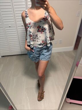 Floral Layered V-Neck Tank Top - White with Rose Print